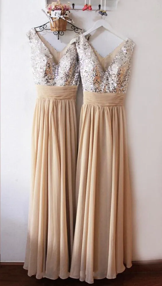 A line V-neck Sequins Champagne Prom Dress
