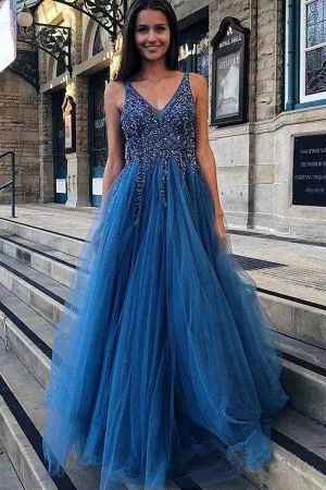 A-line V-neck Tulle Backless Prom Dress With Sequins Appliques,MP527
