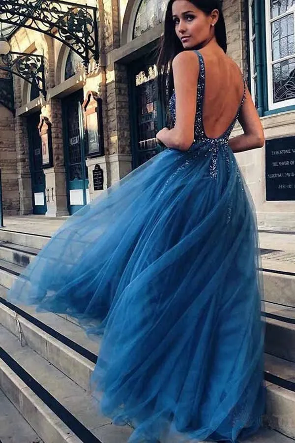 A-line V-neck Tulle Backless Prom Dress With Sequins Appliques,MP527