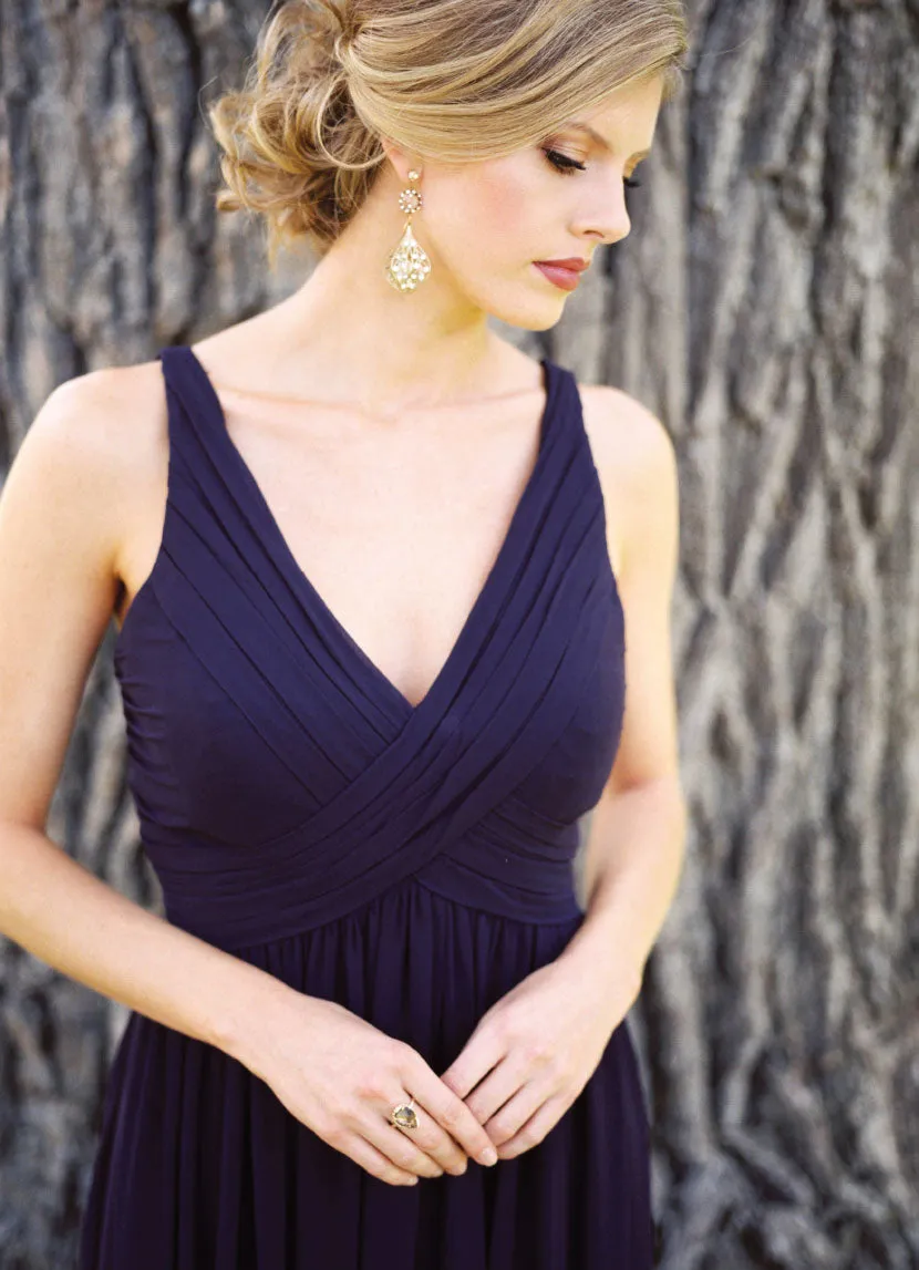 A line V-neckline Navy Blue Bridesmaid Dress