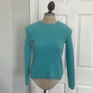 AK Anne Klein Sport cashmere sweater cable knit pullover aqua size L runs Small