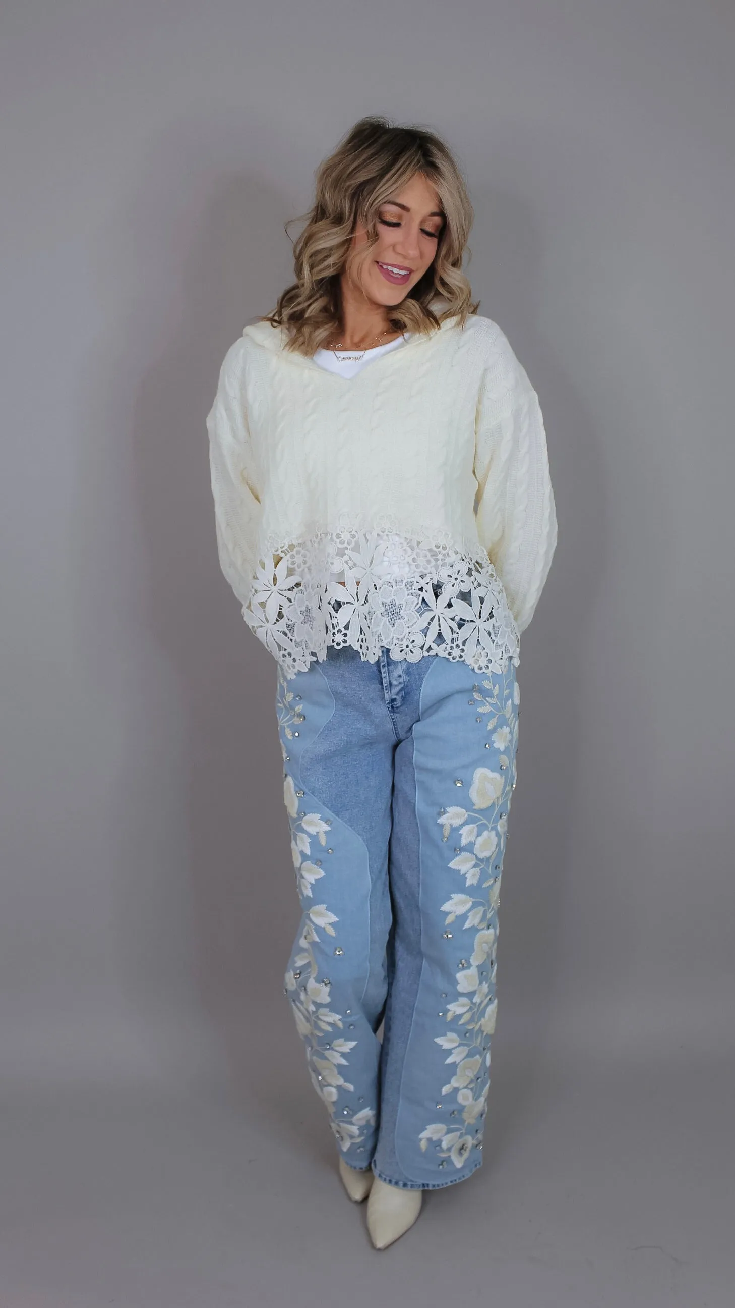 Amaltheia Ivory and Lace Sweater