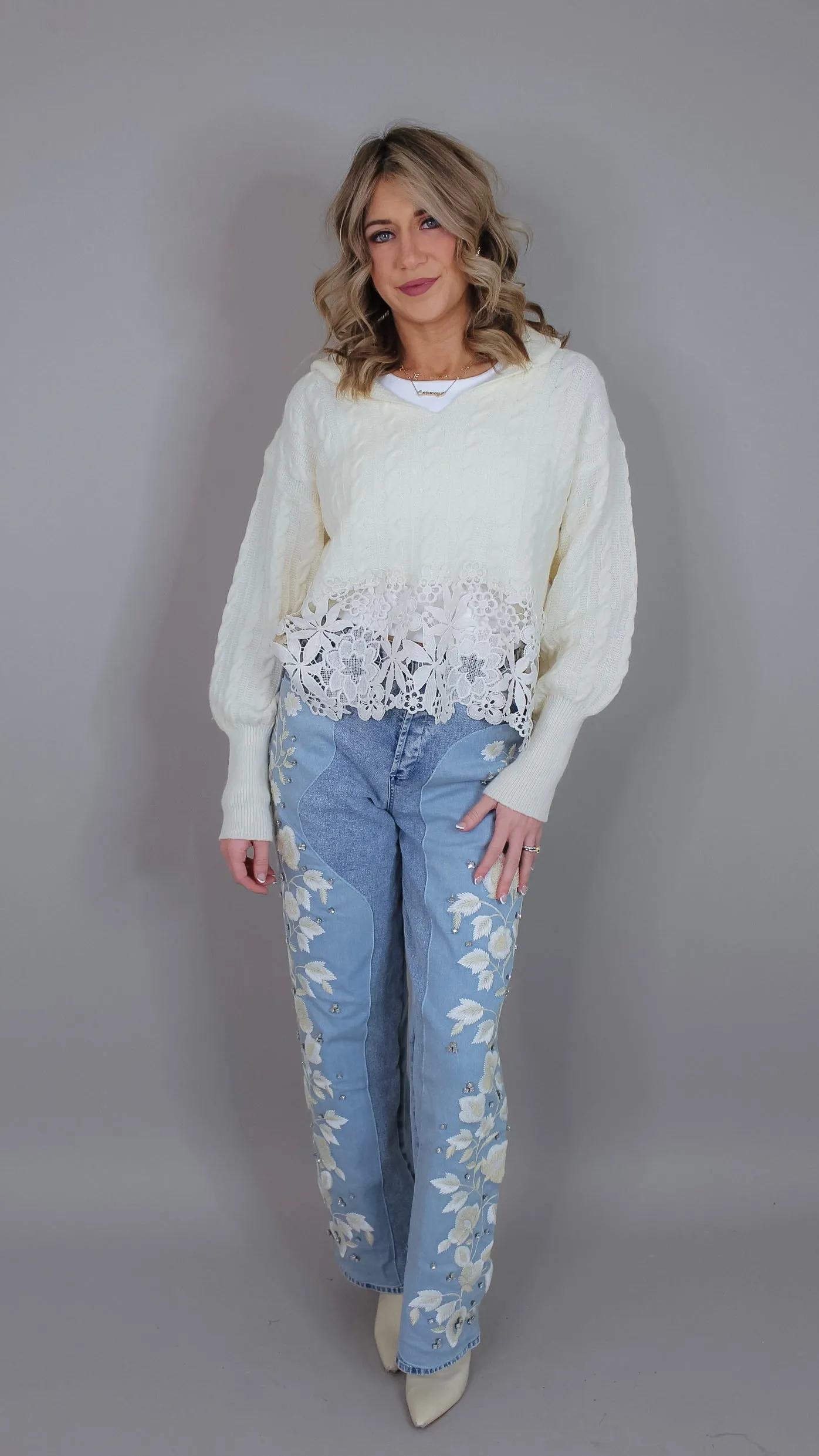Amaltheia Ivory and Lace Sweater