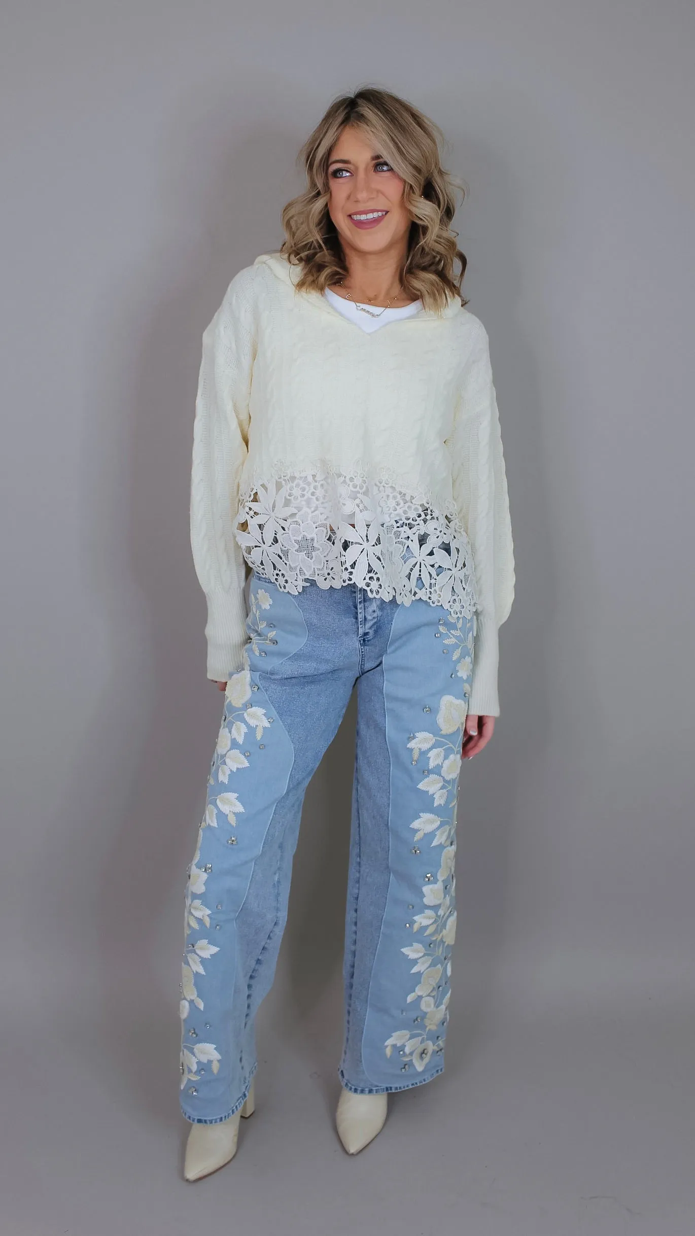 Amaltheia Ivory and Lace Sweater