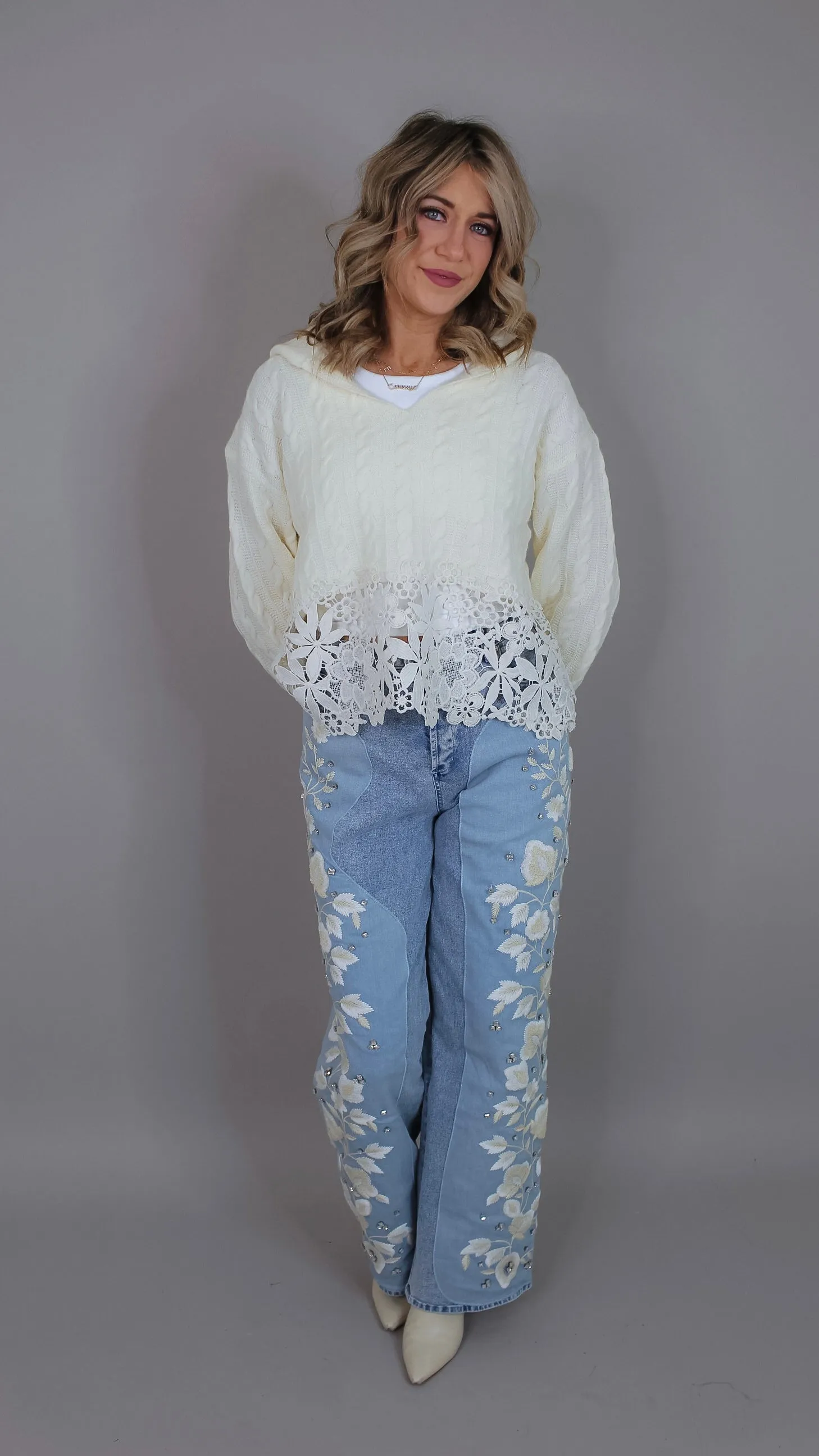 Amaltheia Ivory and Lace Sweater