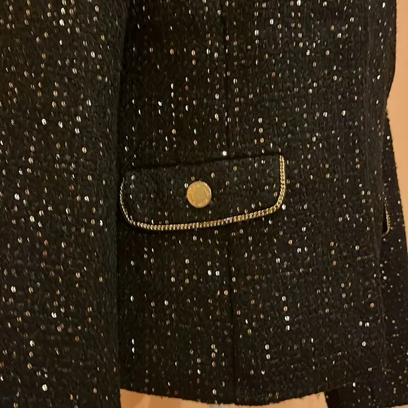 Anne Klein sequinned tweed blazer round neckline open front black &amp; gold M. NWT