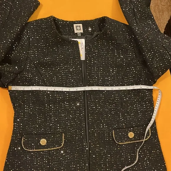 Anne Klein sequinned tweed blazer round neckline open front black &amp; gold M. NWT