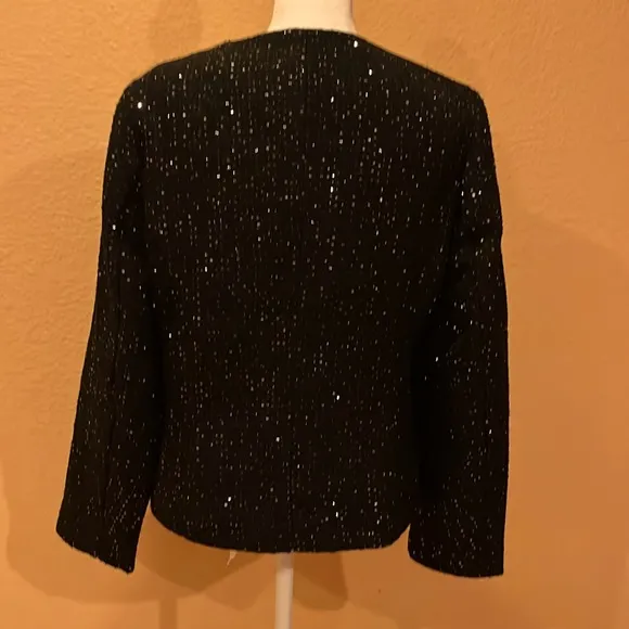 Anne Klein sequinned tweed blazer round neckline open front black &amp; gold M. NWT