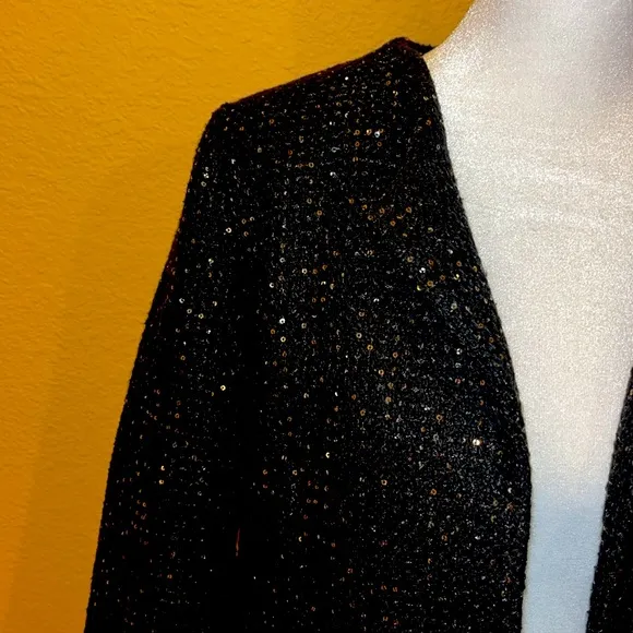 Anne Klein sequinned tweed blazer round neckline open front black &amp; gold M. NWT
