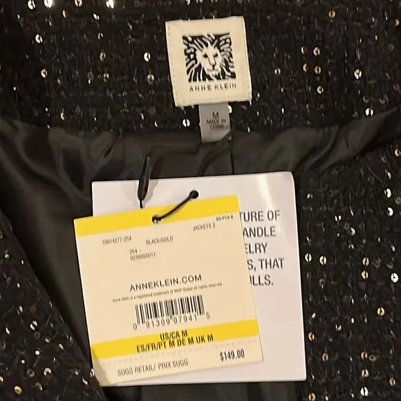 Anne Klein sequinned tweed blazer round neckline open front black &amp; gold M. NWT