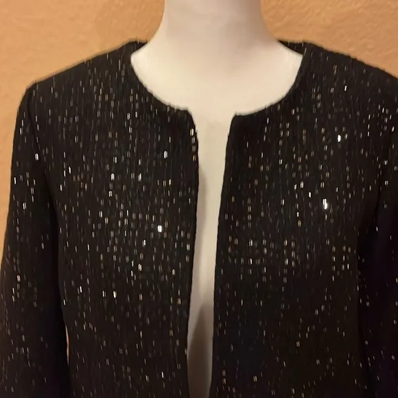 Anne Klein sequinned tweed blazer round neckline open front black &amp; gold M. NWT