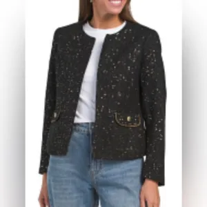 Anne Klein sequinned tweed blazer round neckline open front black &amp; gold M. NWT