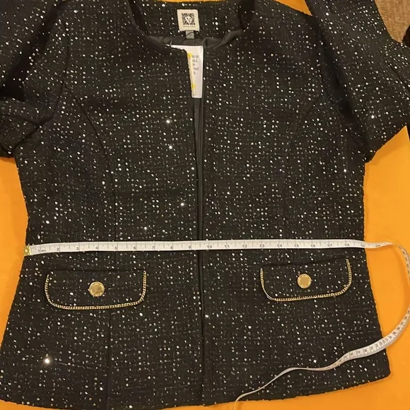 Anne Klein sequinned tweed blazer round neckline open front black &amp; gold M. NWT