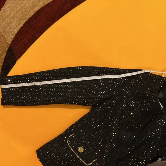 Anne Klein sequinned tweed blazer round neckline open front black &amp; gold M. NWT