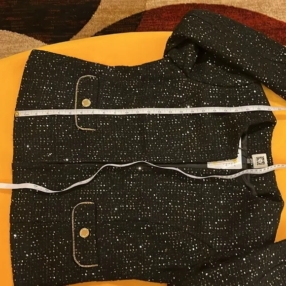 Anne Klein sequinned tweed blazer round neckline open front black &amp; gold M. NWT