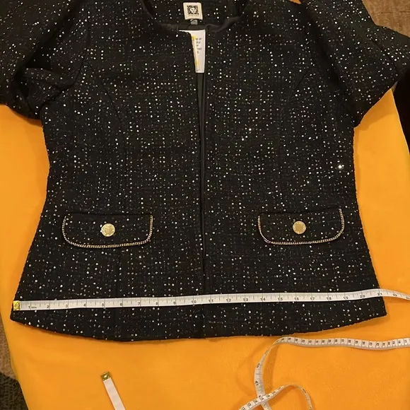 Anne Klein sequinned tweed blazer round neckline open front black &amp; gold M. NWT