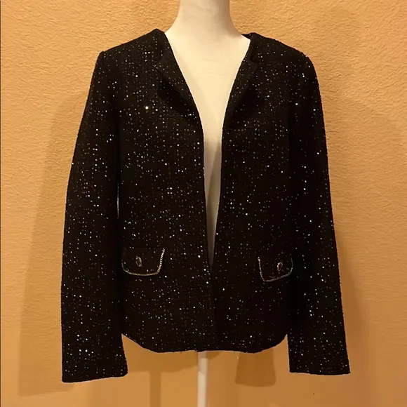 Anne Klein sequinned tweed blazer round neckline open front black &amp; gold M. NWT
