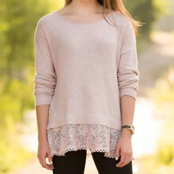 Anthropologie Knitted &amp; Knotted Bloom Lace Pullover Sweater in Blush Pink
