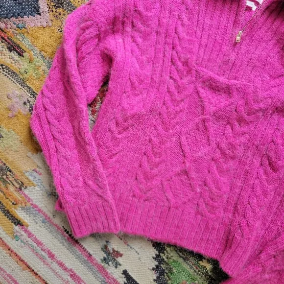 Anthropologie Payton Cable Knit Pullover Half Zip Sweater XS Fiusha Pink