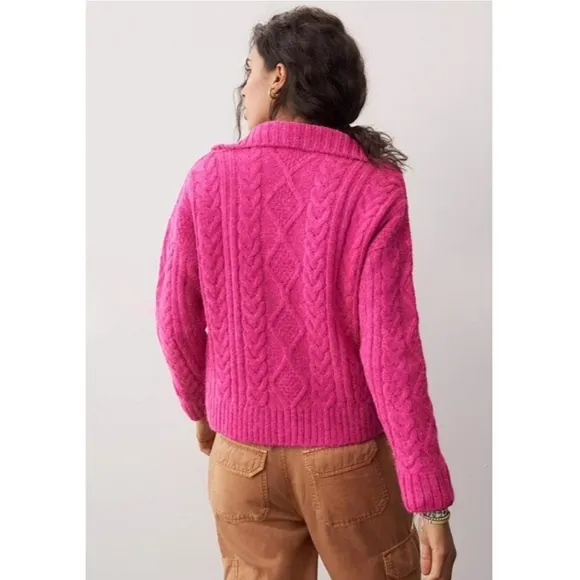Anthropologie Payton Cable Knit Pullover Half Zip Sweater XS Fiusha Pink