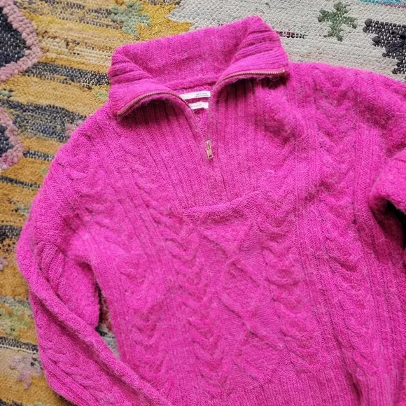 Anthropologie Payton Cable Knit Pullover Half Zip Sweater XS Fiusha Pink