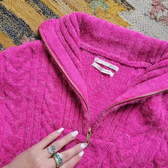 Anthropologie Payton Cable Knit Pullover Half Zip Sweater XS Fiusha Pink