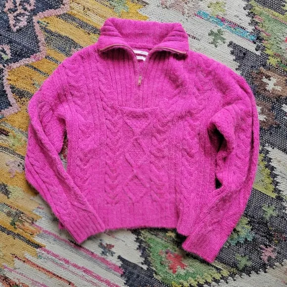 Anthropologie Payton Cable Knit Pullover Half Zip Sweater XS Fiusha Pink