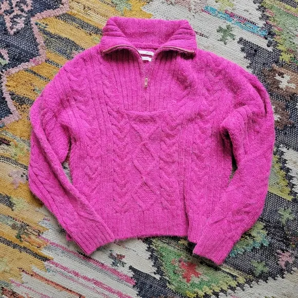 Anthropologie Payton Cable Knit Pullover Half Zip Sweater XS Fiusha Pink