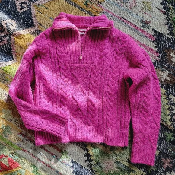 Anthropologie Payton Cable Knit Pullover Half Zip Sweater XS Fiusha Pink