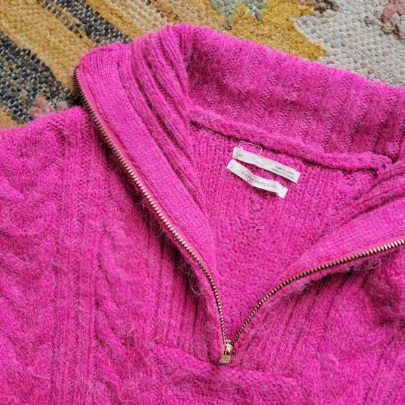 Anthropologie Payton Cable Knit Pullover Half Zip Sweater XS Fiusha Pink