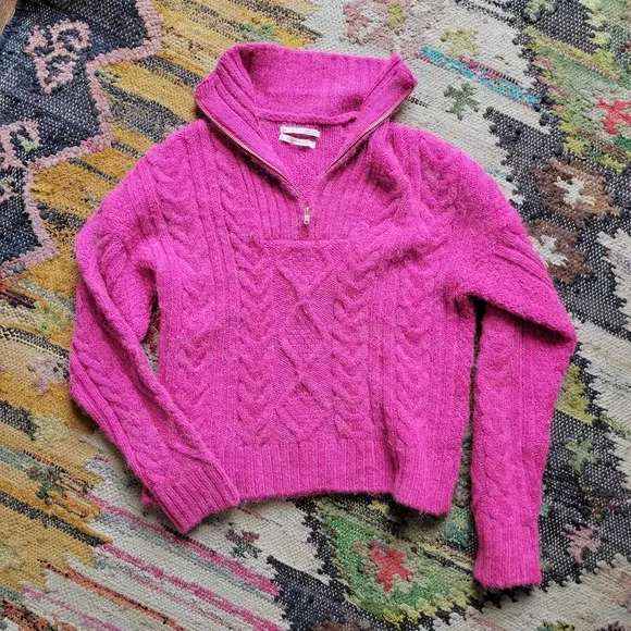 Anthropologie Payton Cable Knit Pullover Half Zip Sweater XS Fiusha Pink