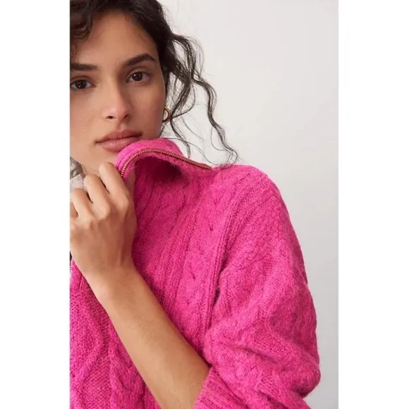 Anthropologie Payton Cable Knit Pullover Half Zip Sweater XS Fiusha Pink