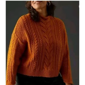 Anthropologie | Pilcro Mock Neck Cable Knit Chunky Burnt Orange Sweater Size M