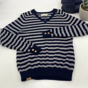 Anthropologie TROVATA Montecito Cashmere Cotton Stripe Sweater Cream/Navy Sz M