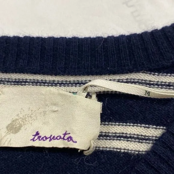 Anthropologie TROVATA Montecito Cashmere Cotton Stripe Sweater Cream/Navy Sz M