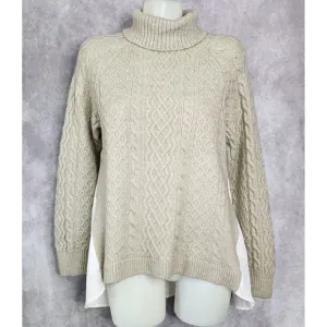 Anthropologie Twofer Turtleneck Cable Sweater Top Womens Size Medium Tan White