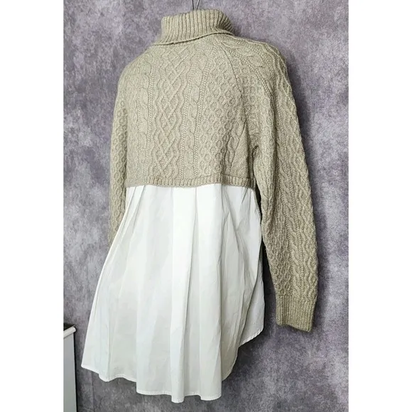 Anthropologie Twofer Turtleneck Cable Sweater Top Womens Size Medium Tan White