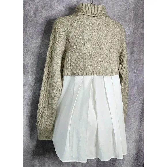 Anthropologie Twofer Turtleneck Cable Sweater Top Womens Size Medium Tan White