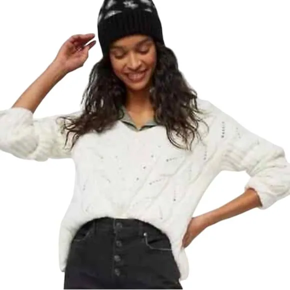 Anthropologie White Ramona Cable-knit V Neck Alpaca Blend Chunky Sweater Size XL