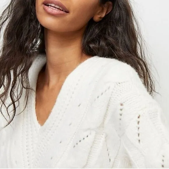 Anthropologie White Ramona Cable-knit V Neck Alpaca Blend Chunky Sweater Size XL