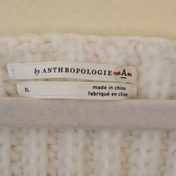Anthropologie White Ramona Cable-knit V Neck Alpaca Blend Chunky Sweater Size XL