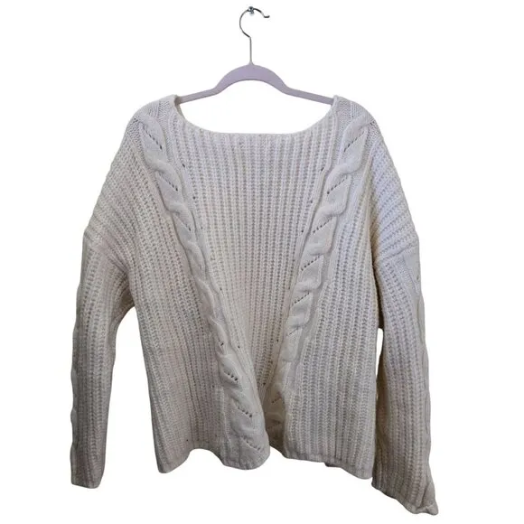Anthropologie White Ramona Cable-knit V Neck Alpaca Blend Chunky Sweater Size XL