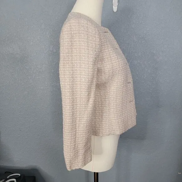 Aritzia Babaton Little Tweed Blazer Beige Metallic 3/4 Sleeve Collarless Office