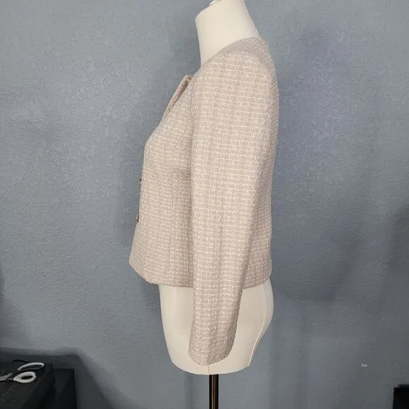 Aritzia Babaton Little Tweed Blazer Beige Metallic 3/4 Sleeve Collarless Office