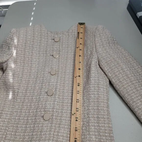 Aritzia Babaton Little Tweed Blazer Beige Metallic 3/4 Sleeve Collarless Office