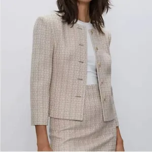 Aritzia Babaton Little Tweed Blazer Beige Metallic 3/4 Sleeve Collarless Office