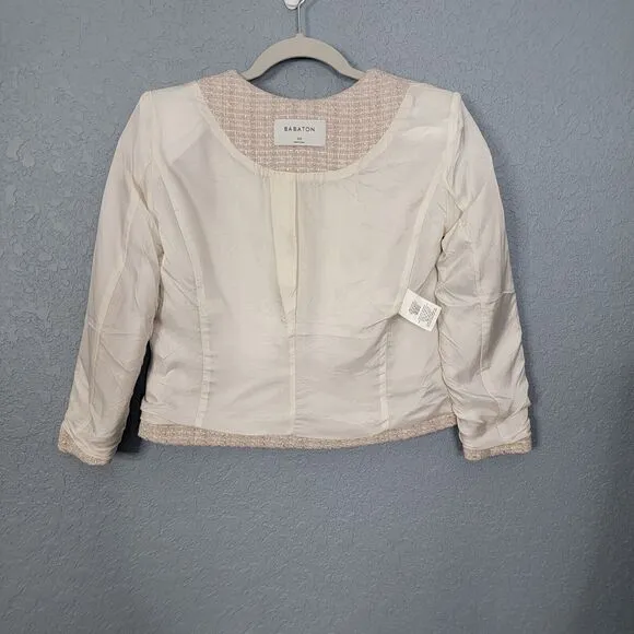 Aritzia Babaton Little Tweed Blazer Beige Metallic 3/4 Sleeve Collarless Office