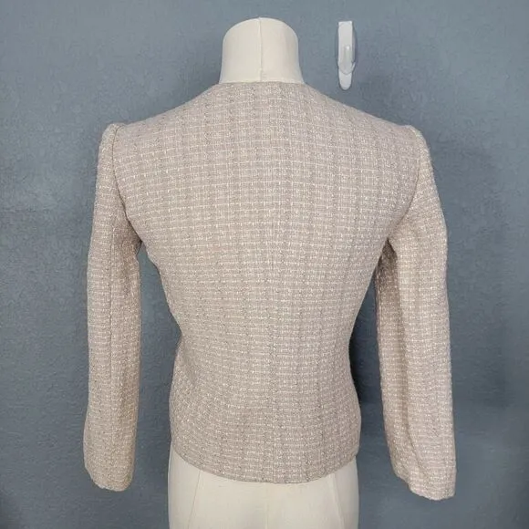 Aritzia Babaton Little Tweed Blazer Beige Metallic 3/4 Sleeve Collarless Office