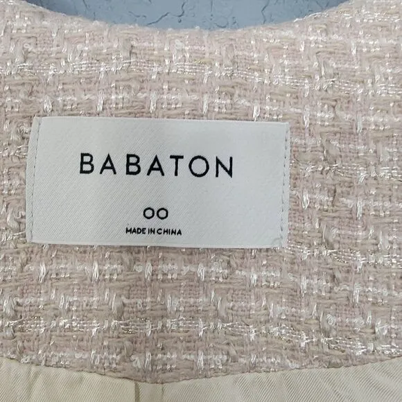 Aritzia Babaton Little Tweed Blazer Beige Metallic 3/4 Sleeve Collarless Office