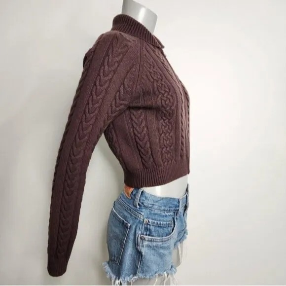 Aritzia Sunday Best &quot;Gigi&quot; Brown Cable Knit Collared Zip-Up Sweater Size 2XS
